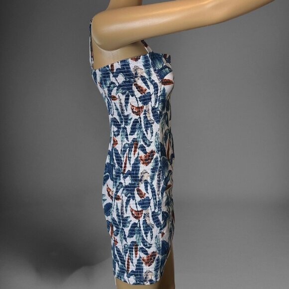 Robin K Sheath Mini Dress Medium White Blue Linen-Cotton Lined Wide Straps Leave - Picture 3 of 16